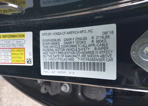 2018 Honda Accord Ex-L из США, поврежденный, VIN 1HGCV1F5XJA214482